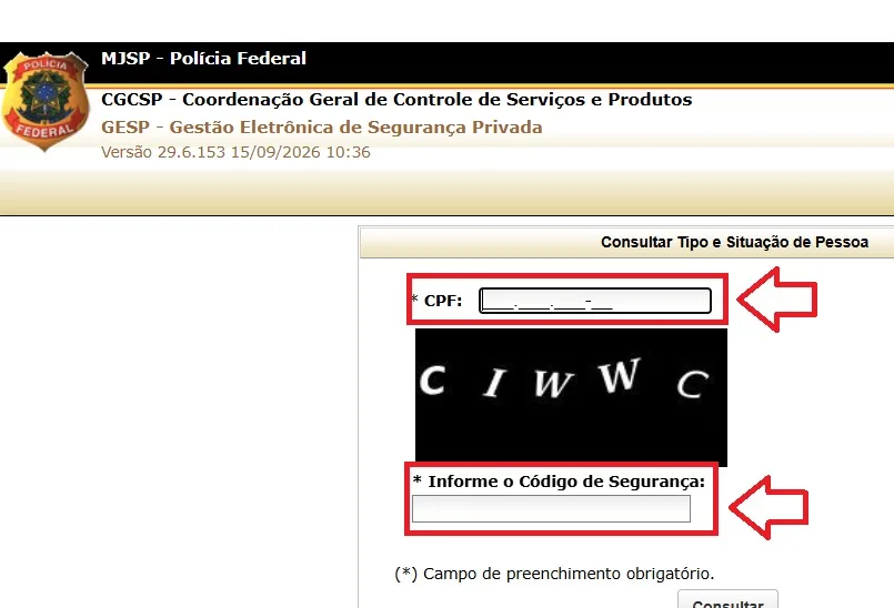 Tela do sistema GESP da PF com os campos de CPF e de código de segurança destacados