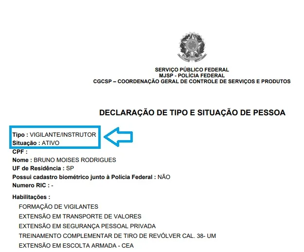 Declaração de tipo e situação de pessoa emitida pela PF, com o tipo e a situação destacados