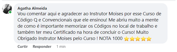 Comentário de aluno agradecendo pelo curso de Código Q