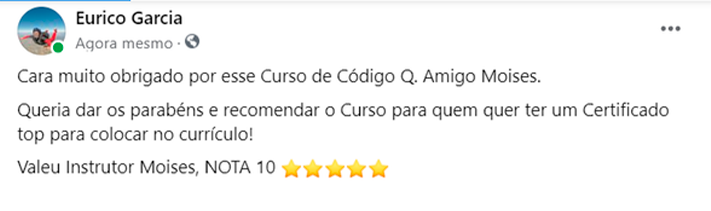 Comentário de aluno elogiando o curso e o certificado