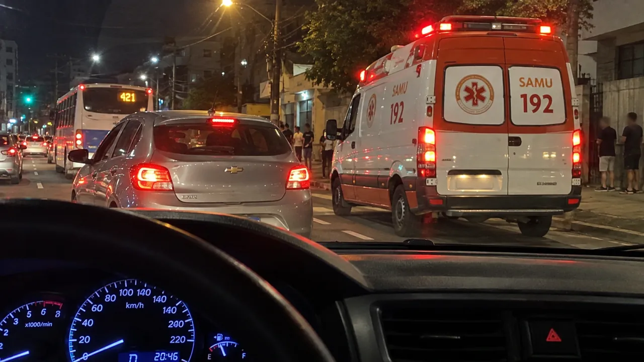 Ambulância do Samu e ônibus em rua movimentada à noite, vistos pelo para-brisa de um carro.