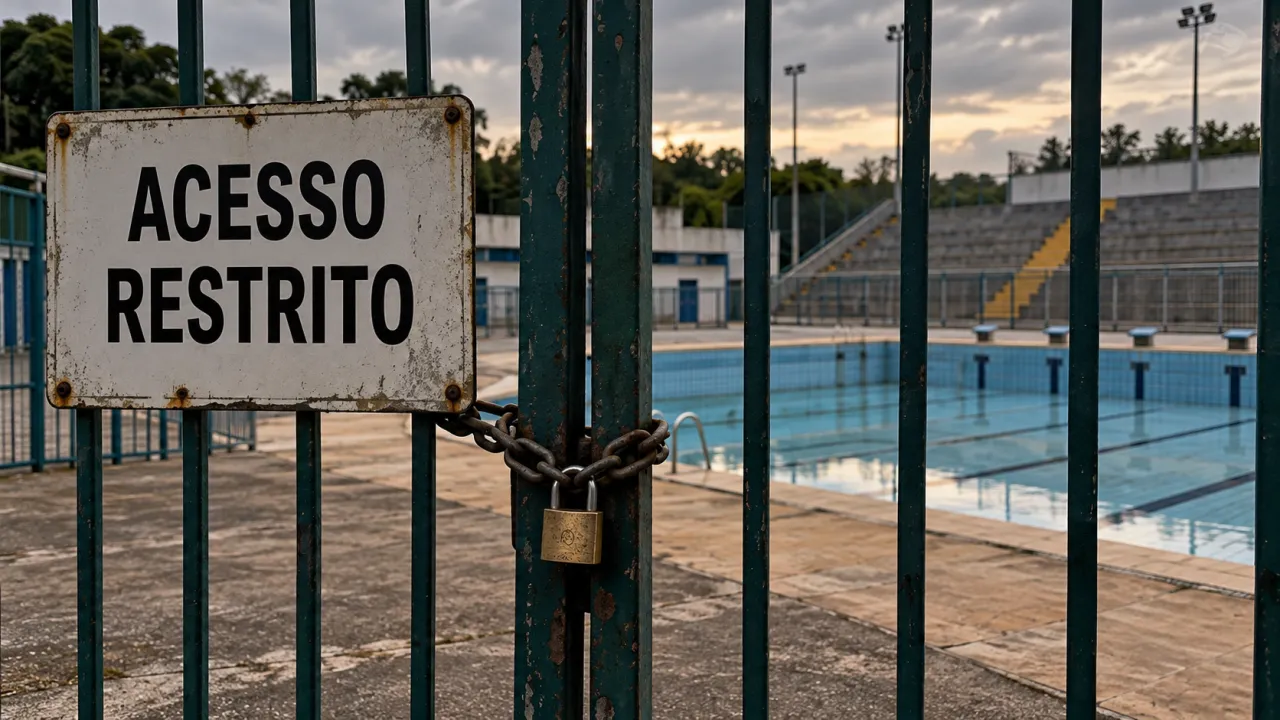 Portão com placa de acesso restrito, com piscina e arquibancadas de um complexo esportivo ao fundo.
