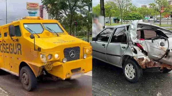 Imagem real de automóvel com danos na traseira junto à calçada e carro-forte com avarias dianteiras em uma avenida urbana.