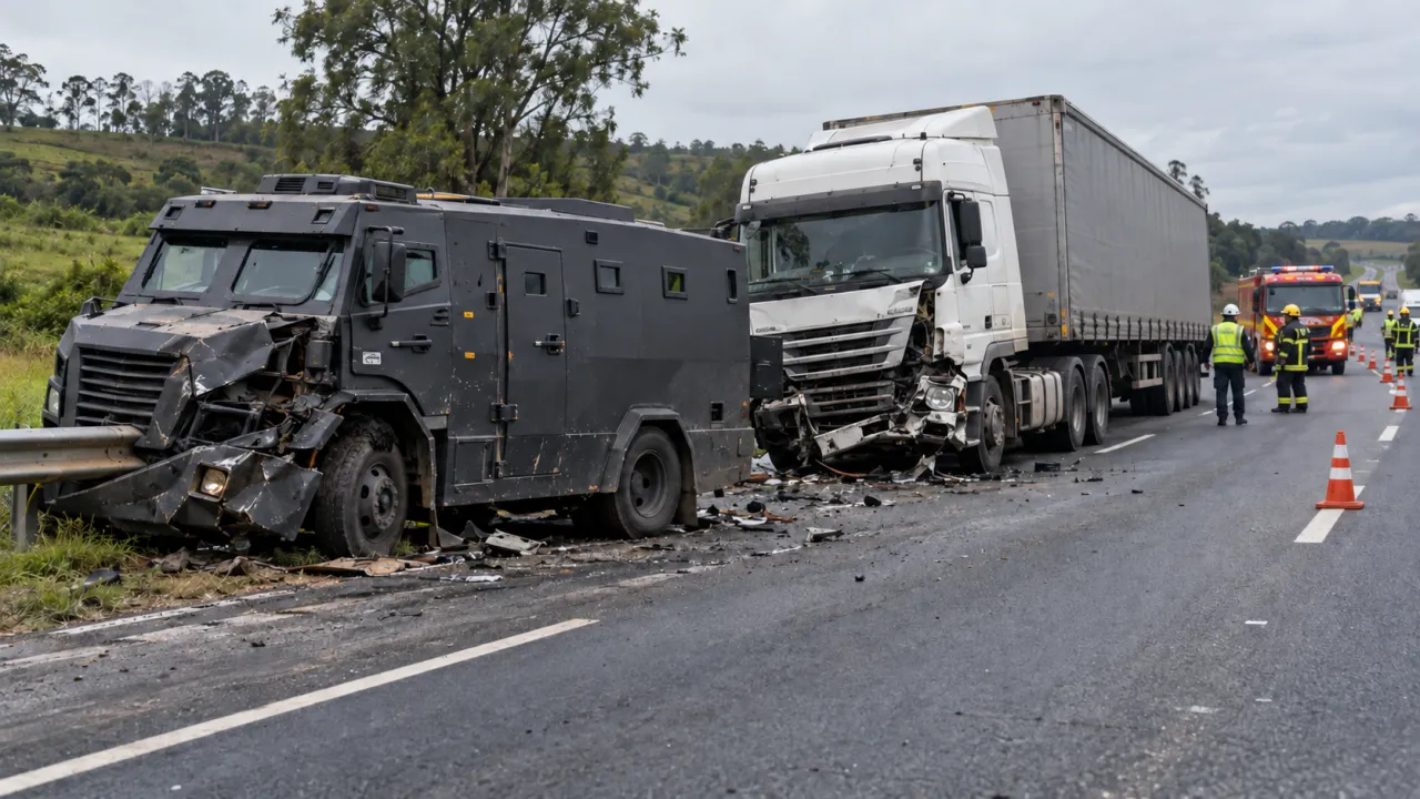Carro-forte e carreta danificados em rodovia, com equipes de resgate ao fundo