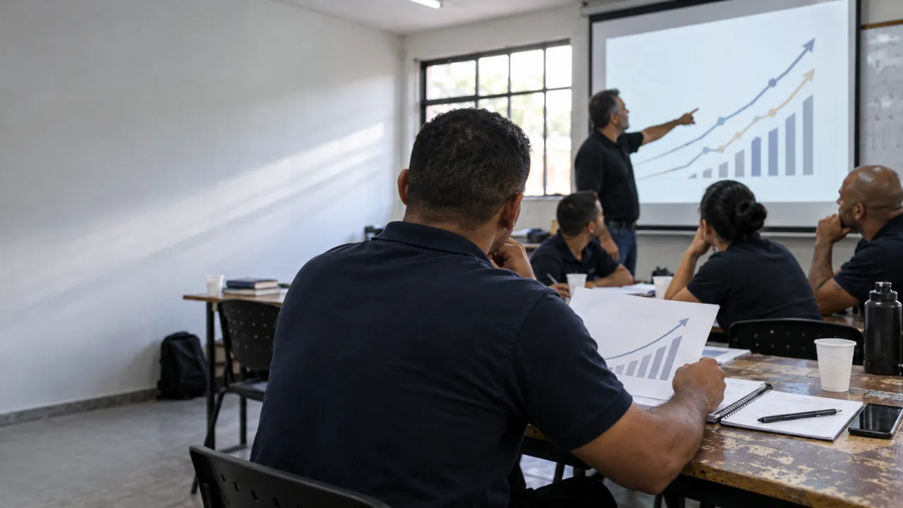 Vigilantes participam de uma aula sobre planejamento e desenvolvimento profissional, com um instrutor apresentando gráficos ao fundo.