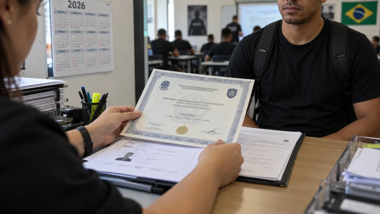 Escola de formação confere certificado ilustrativo e documentos de matrícula antes do início de uma turma em 2026.