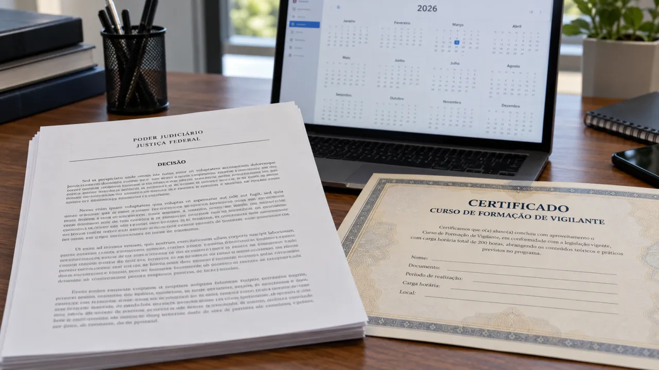 Documento judicial ilustrativo e certificado de curso de vigilante em uma mesa, com calendário de 2026 ao fundo.