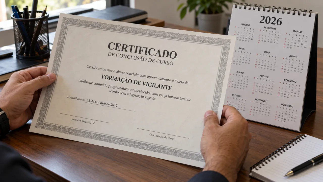 Certificado ilustrativo de formação de vigilante concluído em 2012, conferido ao lado de um calendário de 2026.