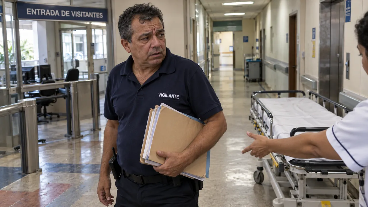 Vigilante com pastas nas mãos observa uma maca em corredor hospitalar, ilustrando a cobrança por tarefas de outros setores.