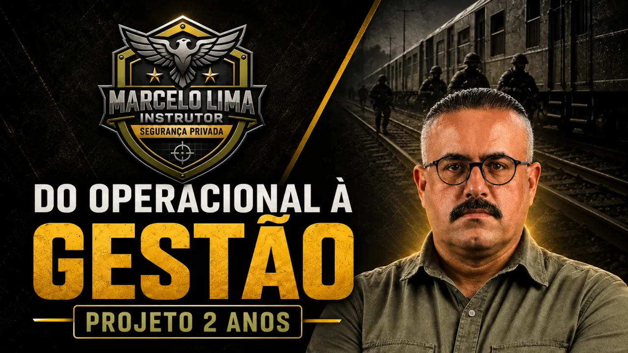 Arte do projeto Do Operacional à Gestão, com retrato de Marcelo Lima, emblema profissional e elementos em preto e dourado.