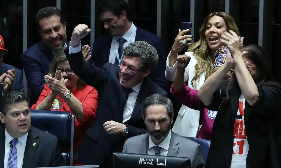Senadores comemoram no plenário a aprovação da PEC que acaba com a escala 6x1.