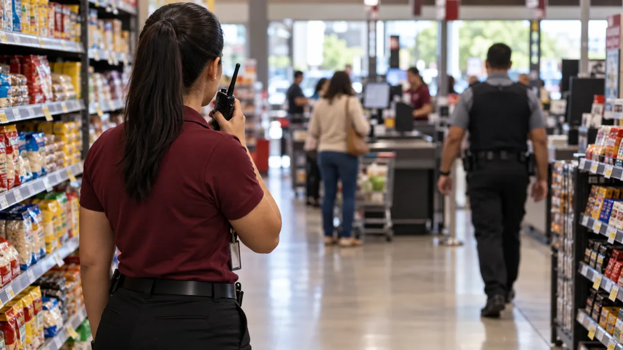 Funcionária de supermercado aciona apoio pelo rádio enquanto observa a área dos caixas.