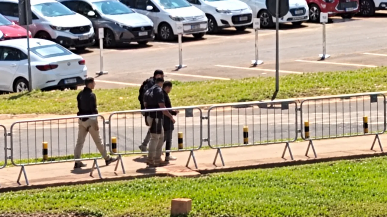 Grupo de seguranças encaminham suposto invasor à saída junto às grades de controle de acesso, com gramado e estacionamento ao fundo.