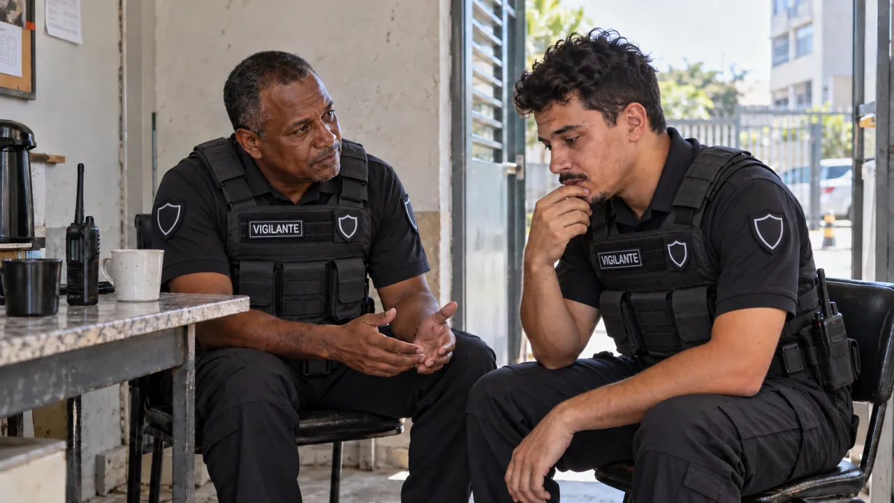 Dois vigilantes conversam em uma área de descanso, em uma cena de escuta e apoio entre colegas.