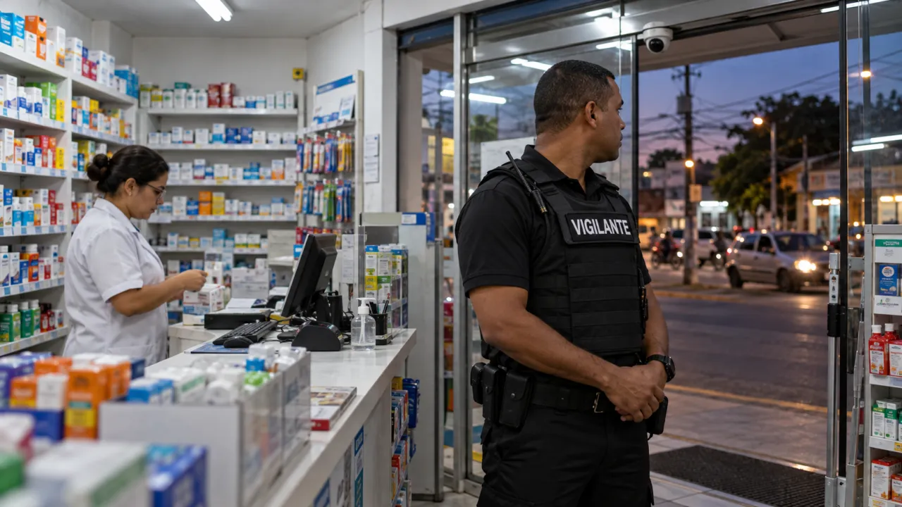 Vigilante com colete acompanha a entrada de uma farmácia, com funcionária e câmera de monitoramento ao fundo.
