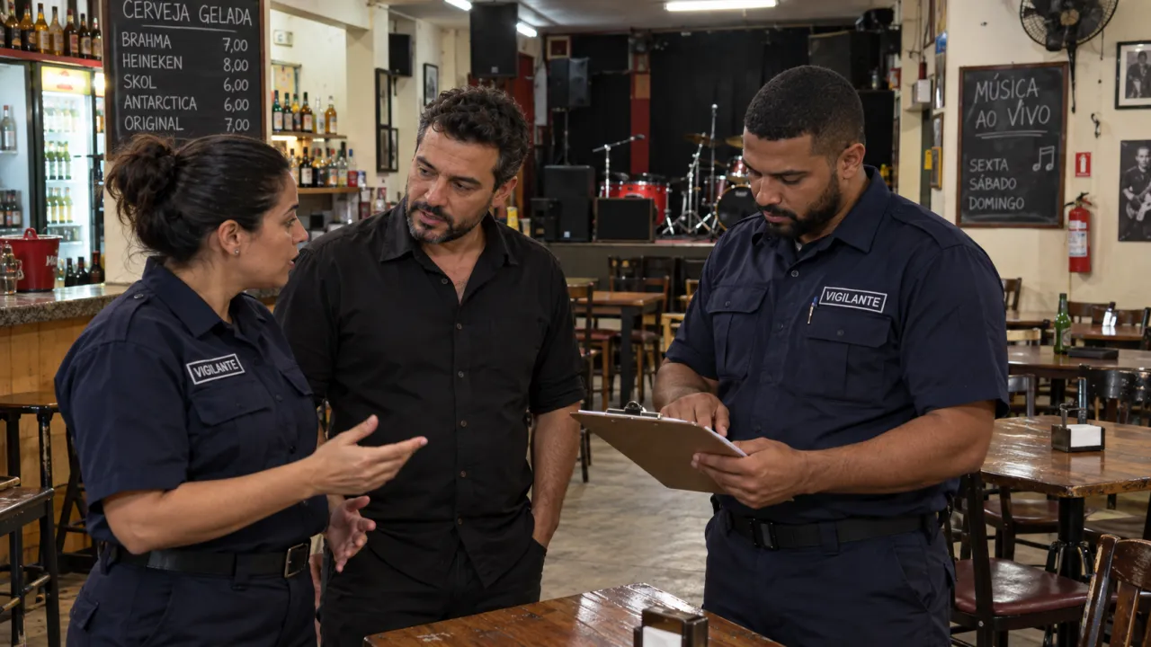 Dois vigilantes e um gestor revisam uma lista de procedimentos dentro de um bar com palco, mesas organizadas e iluminação noturna.