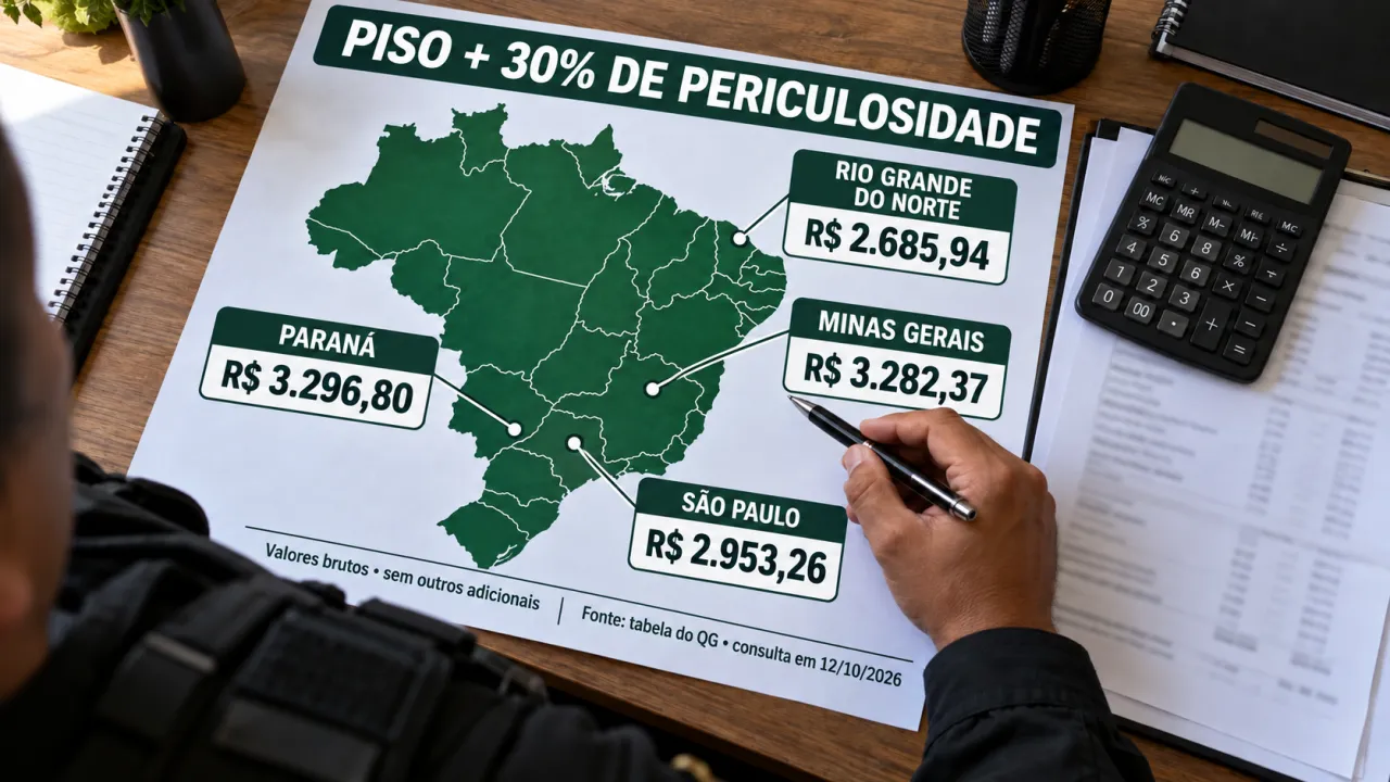 Mapa do Brasil com destaque para pisos de vigilantes em quatro estados, acompanhado de calculadora e demonstrativo salarial.