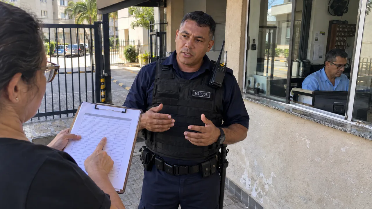 Vigilante com colete e porteiro em recepção de condomínio, enquanto uma administradora revisa as tarefas do posto.