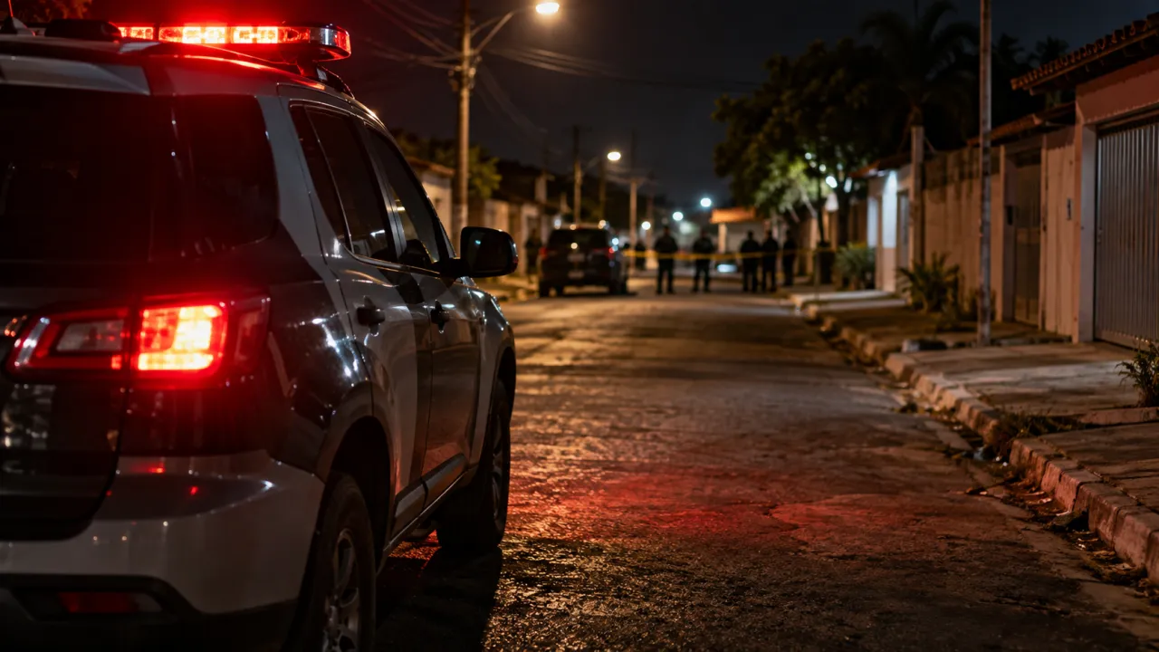 Imagem ilustrativa de uma viatura com luzes de emergência em uma rua residencial à noite, representando o contexto de investigação policial.