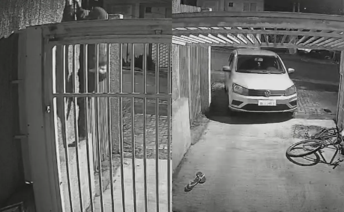 Imagem de câmera de monitoramento mostra um homem junto ao portão de um condomínio e um carro branco estacionado na garagem.
