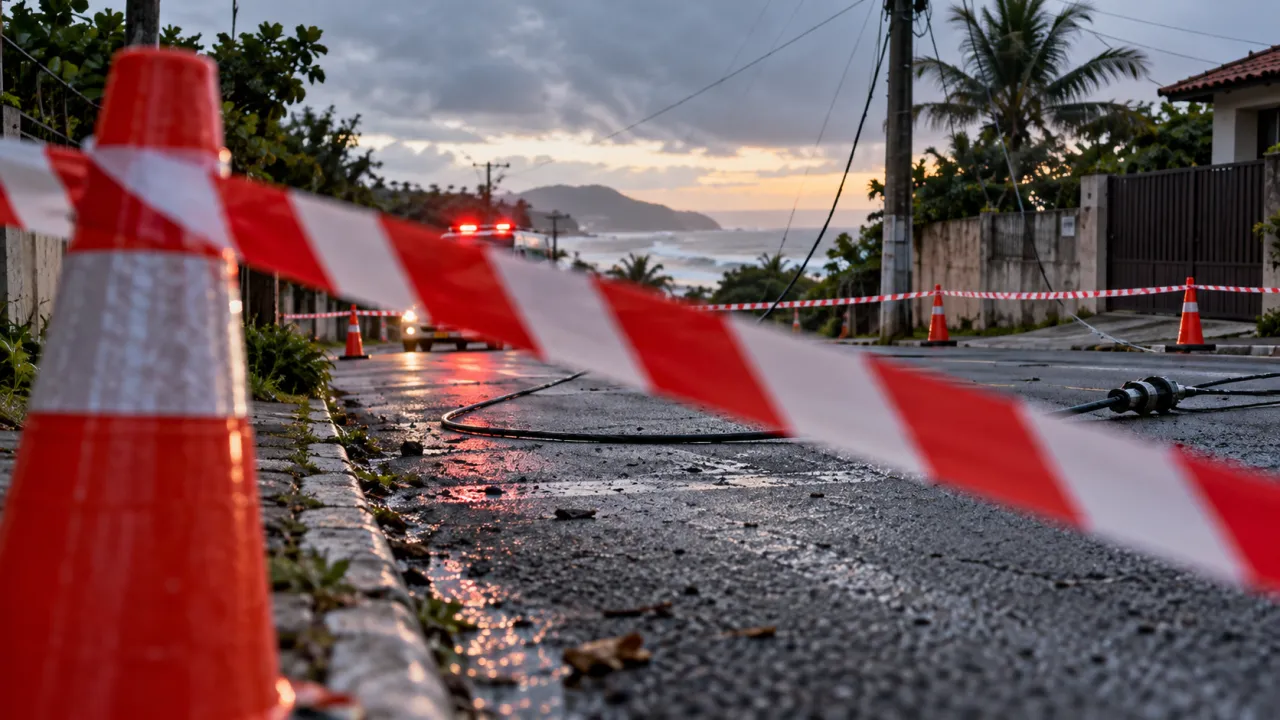 Área de uma via isolada com cones e fita de sinalização, com cabo caído e veículo de emergência ao fundo.