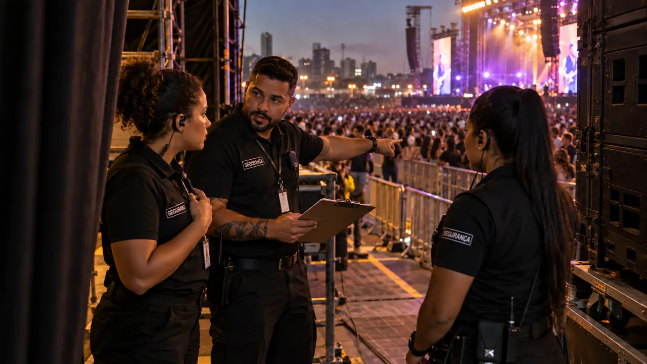 Equipe de vigilantes recebe orientações nos bastidores de um evento musical, com palco e público ao fundo.