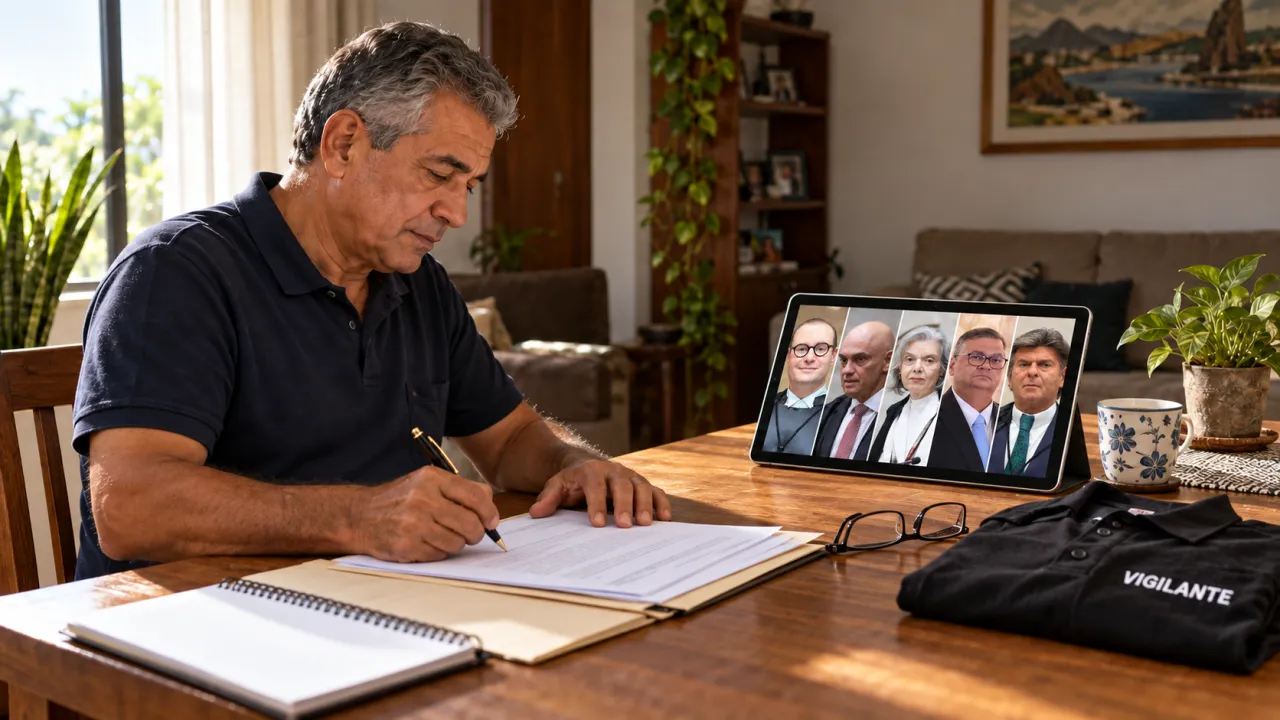 Vigilante assina documentos à mesa, com a foto dos ministros do STF exibida em um tablet.