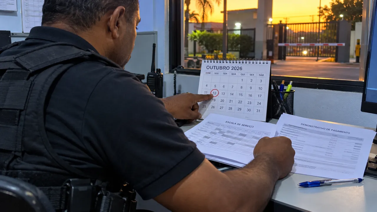 Vigilante consulta calendário de outubro, escala de serviço e demonstrativo de pagamento em ambiente operacional.