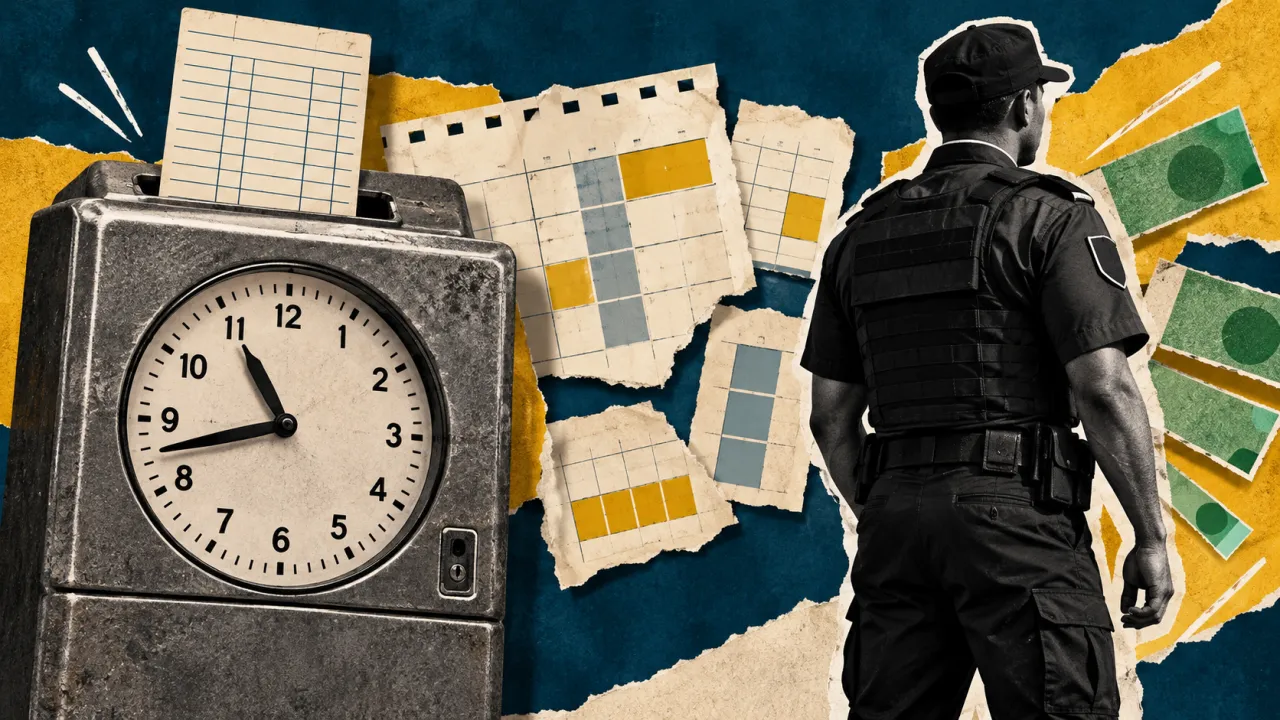 Colagem com vigilante, relógio de ponto e blocos de calendário, representando a relação entre horas trabalhadas e remuneração.