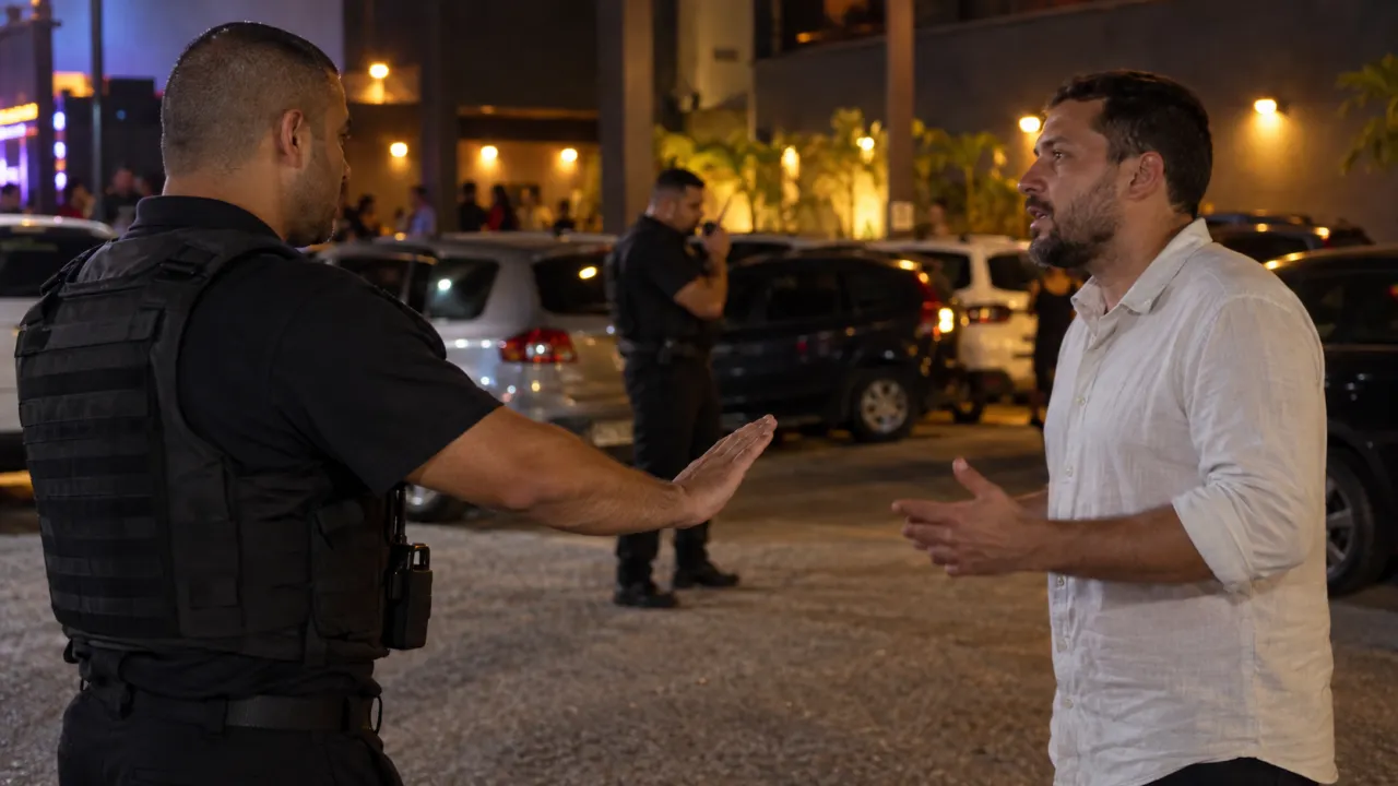 Vigilante mantém distância e orienta um homem em estacionamento, enquanto outro profissional utiliza o rádio ao fundo.