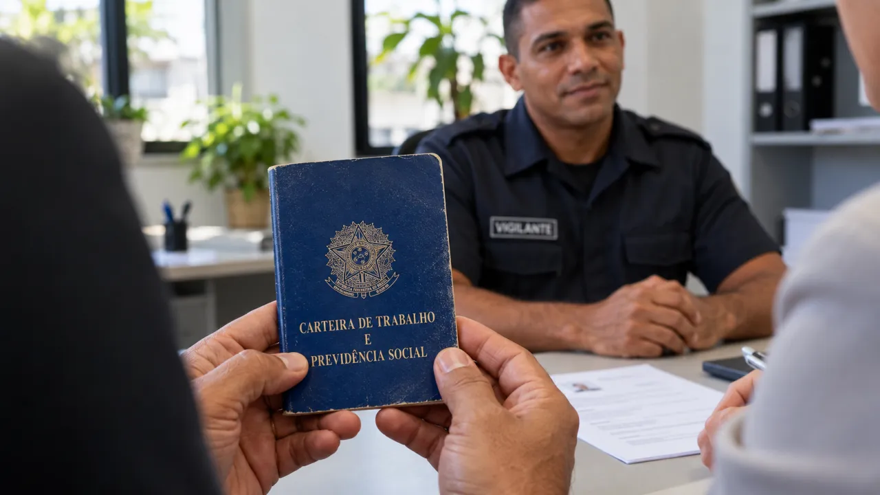 Carteira de trabalho em destaque, com vigilante durante uma entrevista de emprego ao fundo.