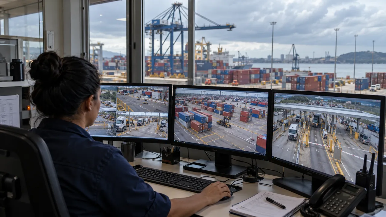 Operadora acompanha câmeras de um terminal portuário em uma central de monitoramento, com contêineres e guindaste ao fundo.