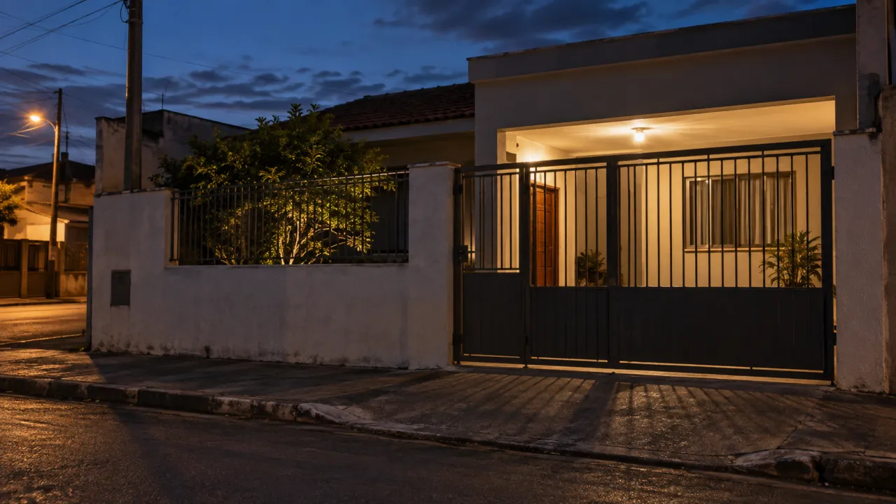 Fachada de residência genérica com portão metálico e iluminação noturna, em imagem ilustrativa de contexto residencial.