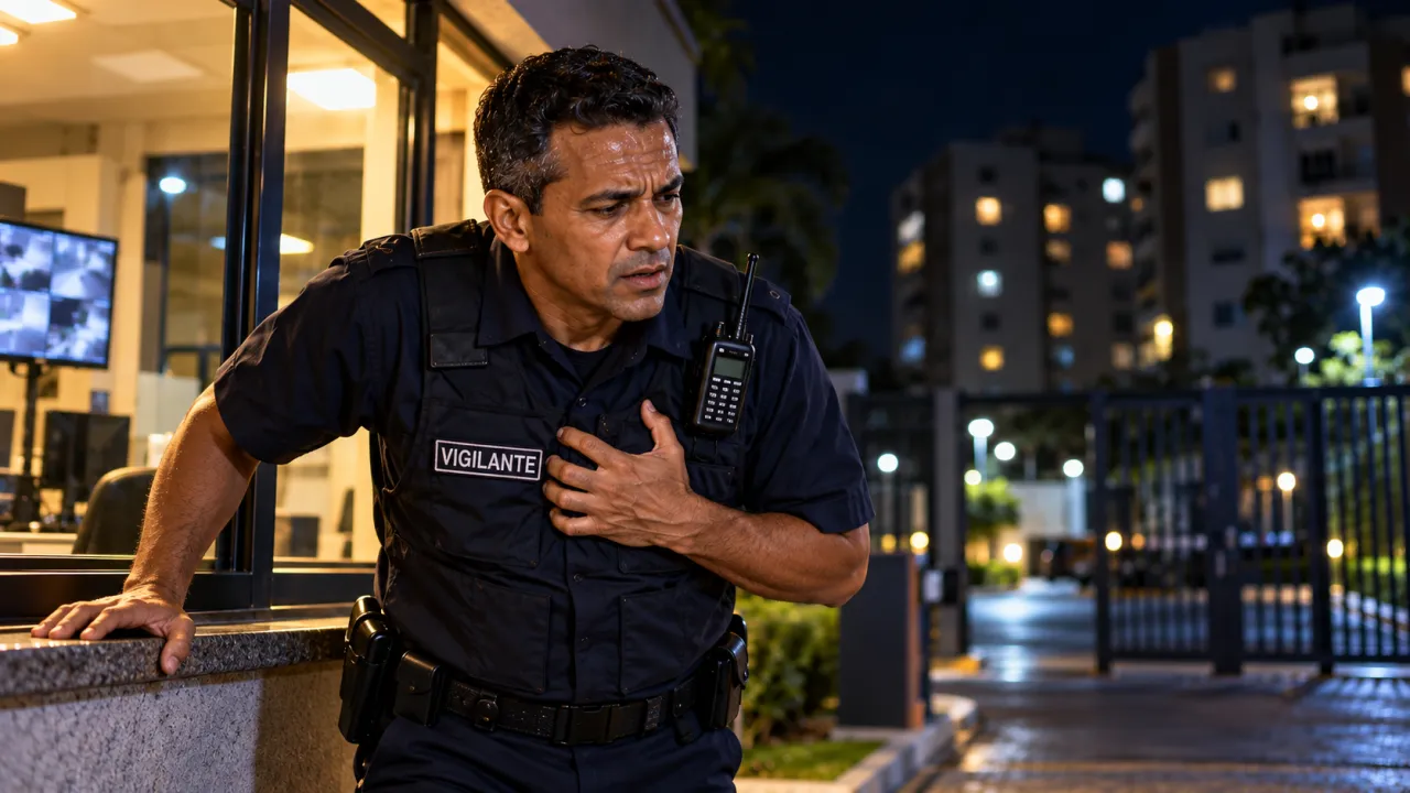 Vigilante noturno com a mão no peito e expressão de mal-estar, apoiado na guarita.