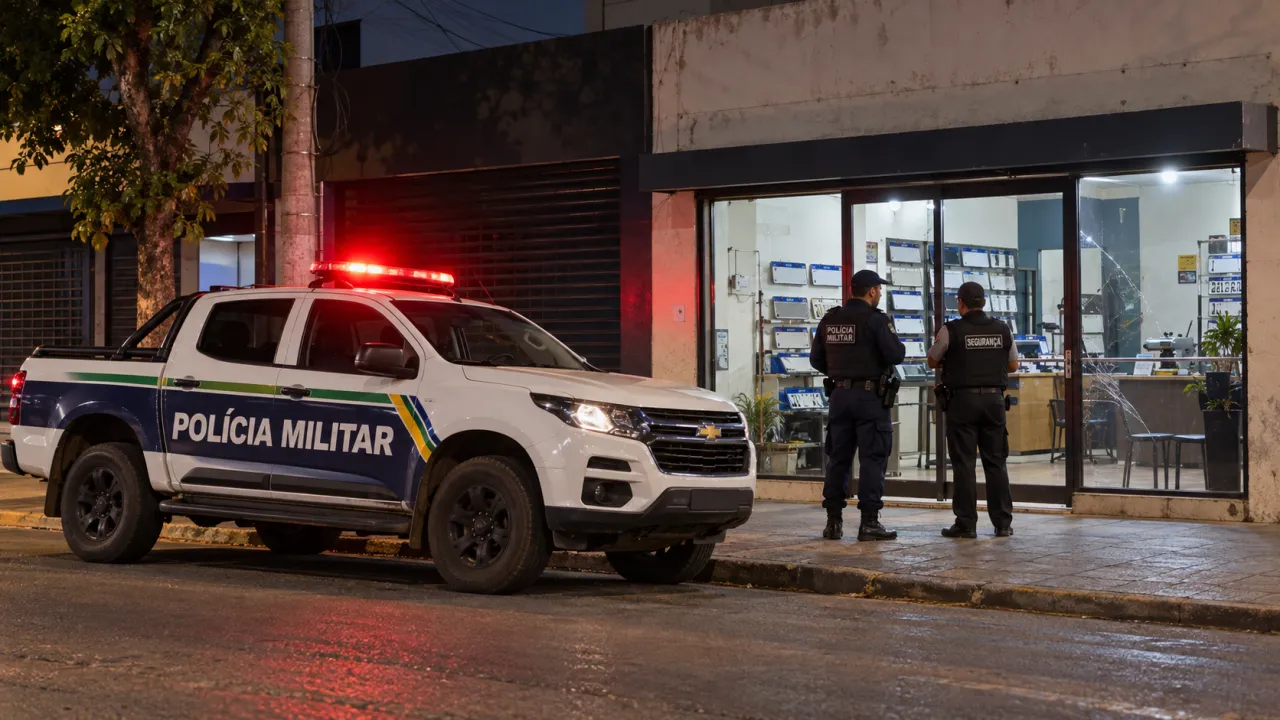 Viatura policial e profissionais de segurança diante de um comércio de placas automotivas à noite.