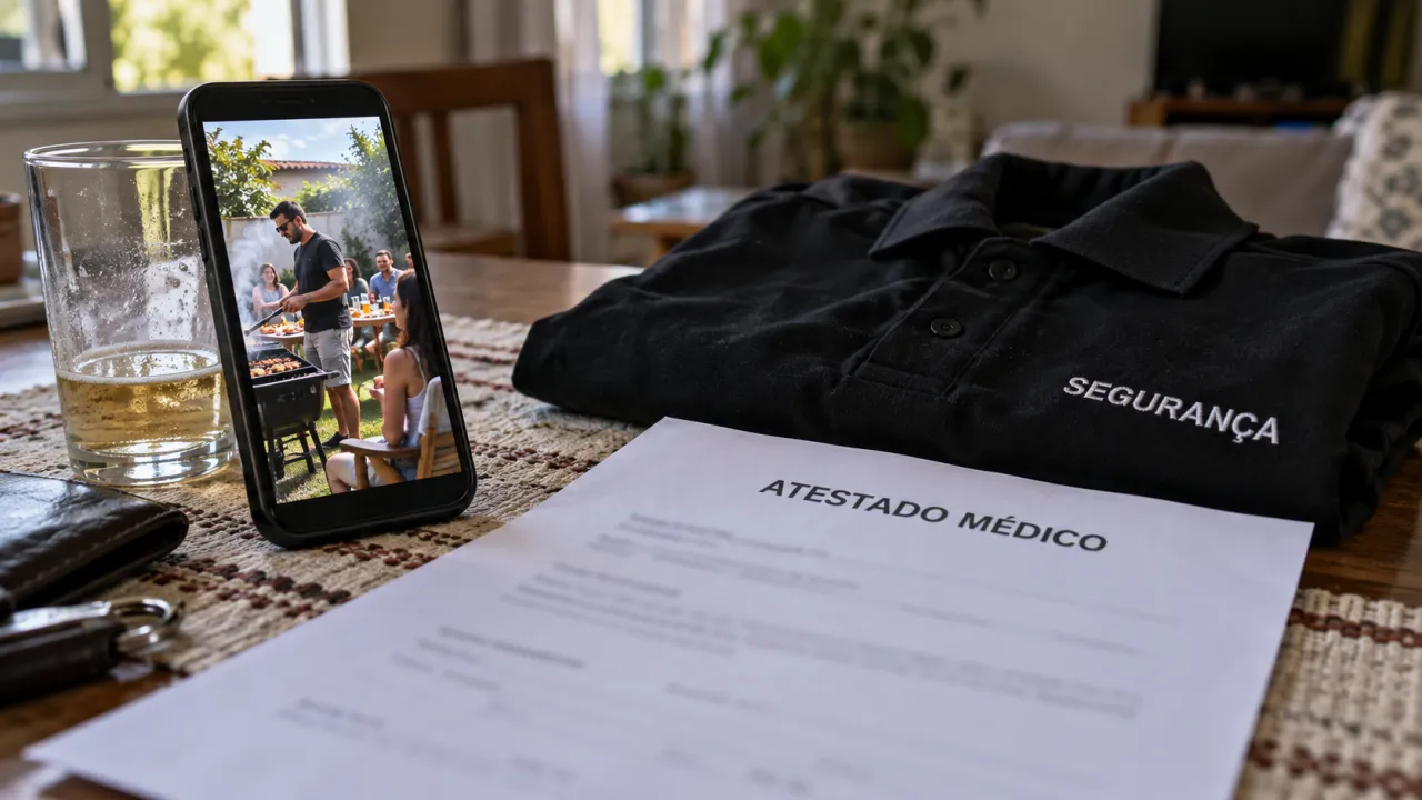 Celular com imagem de churrasco ao lado de um atestado médico e de uma camiseta de segurança.