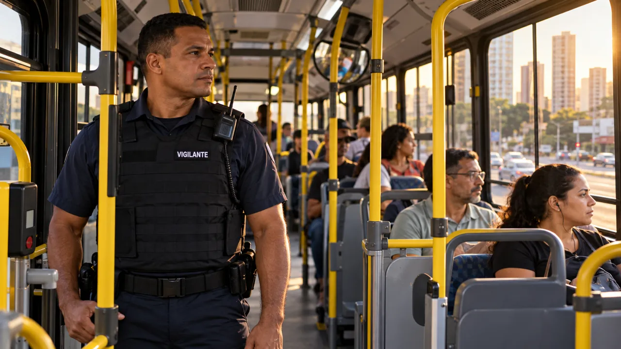 Vigilante dentro de ônibus com passageiros