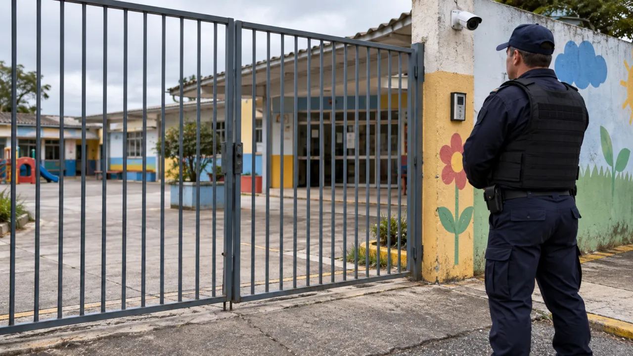 Vigilante acompanha a entrada de uma escola com portão fechado, interfone e câmera de monitoramento.